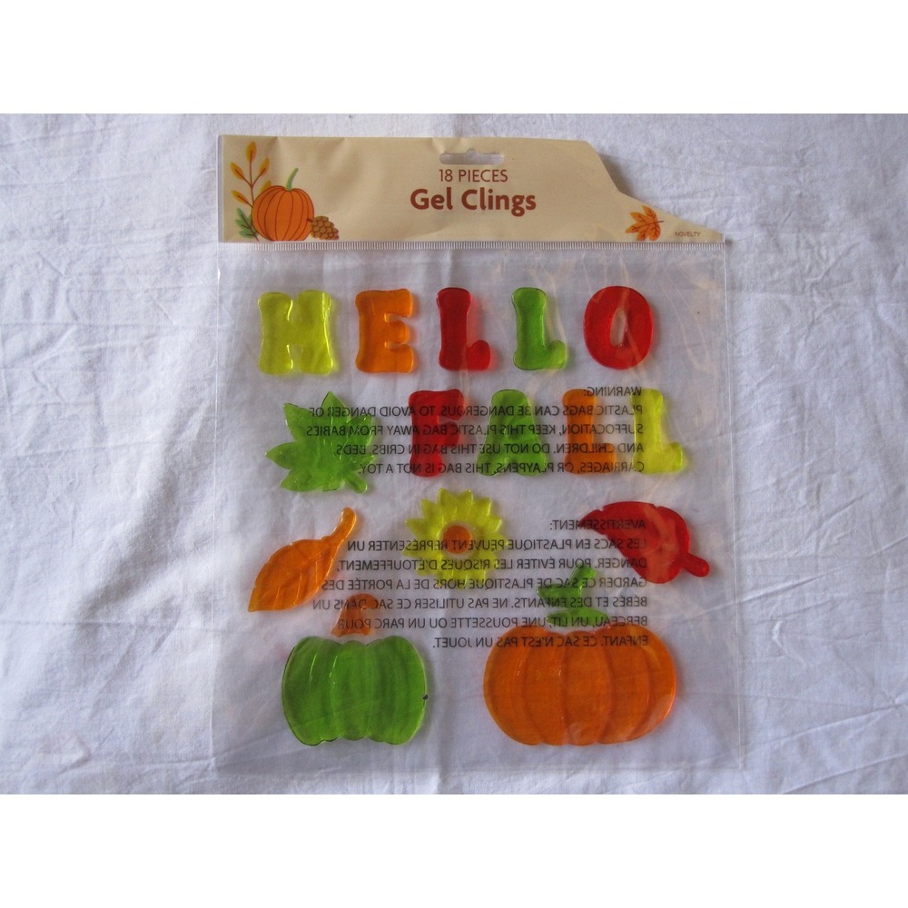 NEW HELLO FALL Pumpkins Sunflower Leaves Window Gel Clings Stickers Decals 18 ct